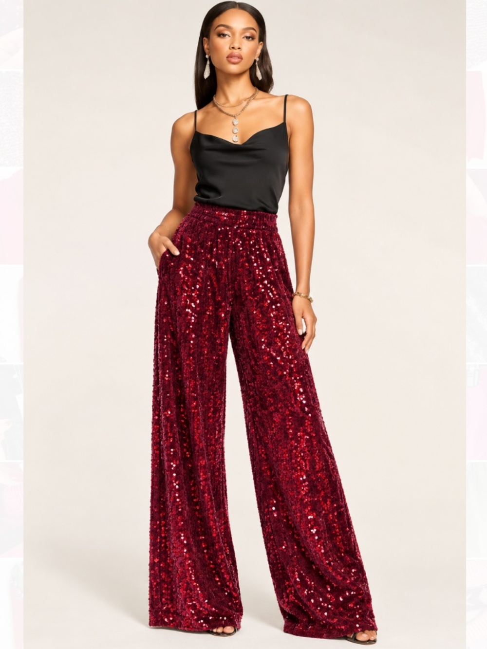 NWT Vince Camuto Burgundy Sequin Flare Pants Christmas Holiday Party Sz L